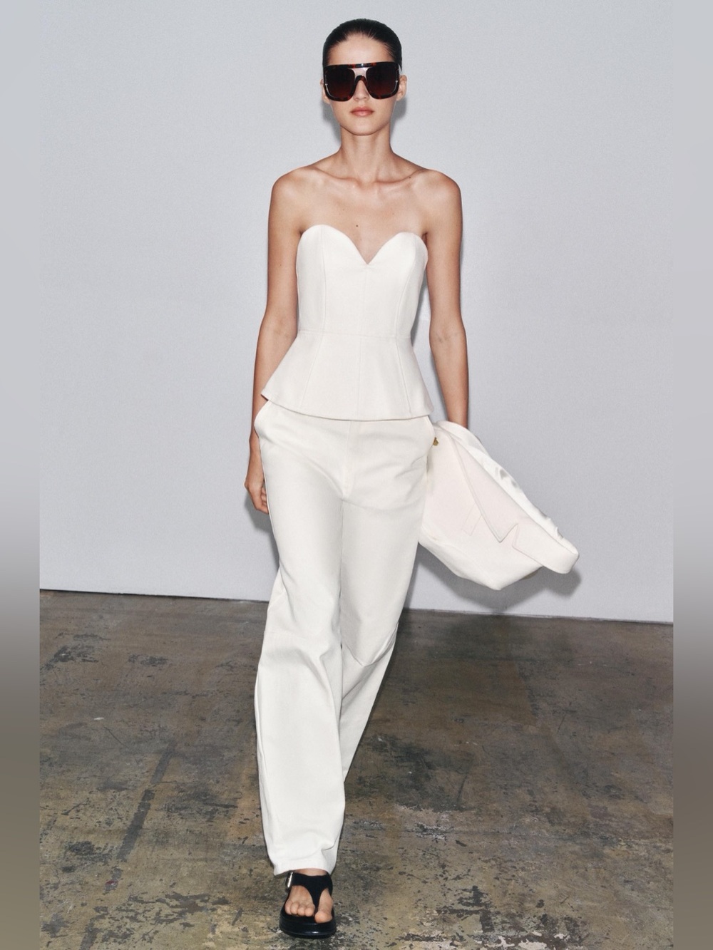 ZW Collection Ecru Denim Bustier (S) & Wide-Leg Pants (6) Set